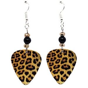 Spotted Leopard Print Big Cat Guitar Pick Beaded Earrings - Handmade in USA